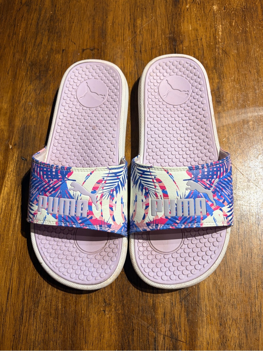 Puma Lilac Slide Sandals with Blue & Pink Tropical Strap